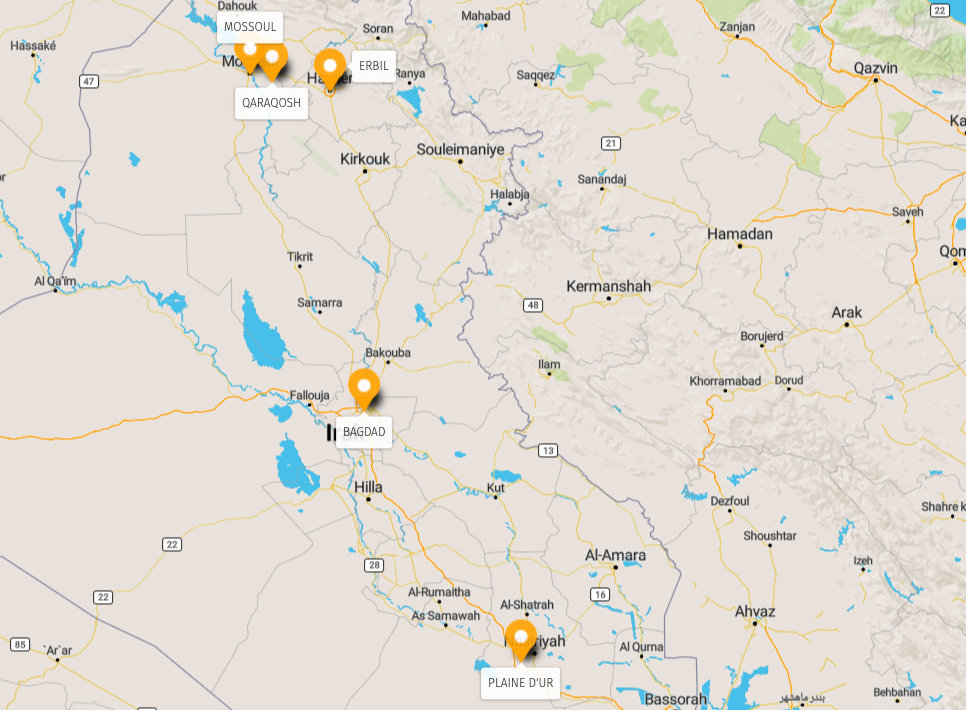 Carte de la visite du pape en Irak